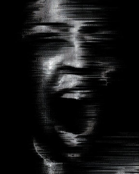 screaming face in darkness with glitch distortion, grainy black and white portrait of fear and pain, eerie monochrome closeup with distorted screaming expression
