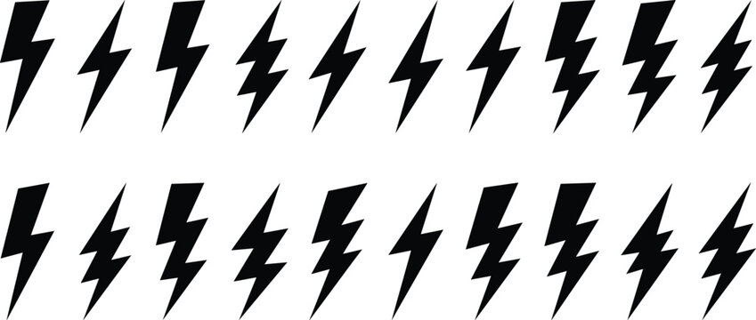 Lightning bolt icons set, electric power energy symbols, thunder flash vector illustration isolated on white background