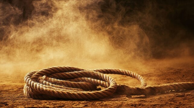 A coiled rope on dusty ground, surrounded by a haze of golden light