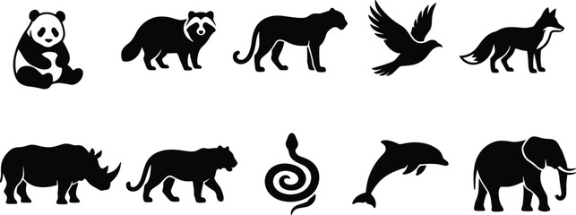 Set of wild animal silhouettes, panda, elephant, tiger, dolphin, and fox, black nature icons, vector illustration. © Jarin