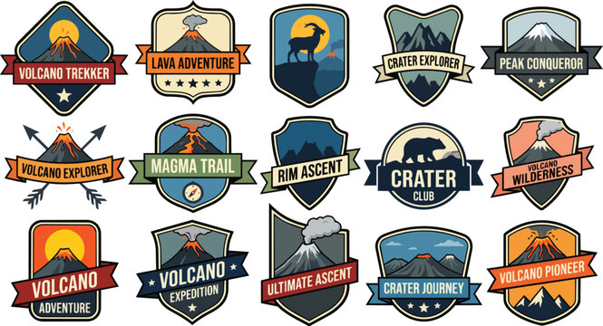Explore a fantastic array of timeless outdoor adventure badges featuring vintage styled emblems perfect for mountain exploration volcano trekking and epic journeys through untamed wilderness