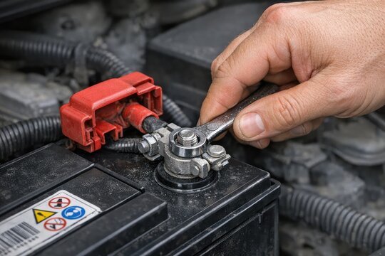 A person is tinkering with a car battery, perhaps trying to jump-start the vehicle or replace it