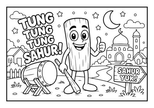 A black-and-white Ramadan coloring page featuring a happy, cartoon kentongan called tung tung tung sahur holding a stick next to a bedug drum.