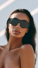 Naklejka premium clean beauty portrait of woman wearing green protective eyewear with flawless skin, radiant skincare aesthetic with confident woman in dark green goggles, futuristic clean beauty fashion model 