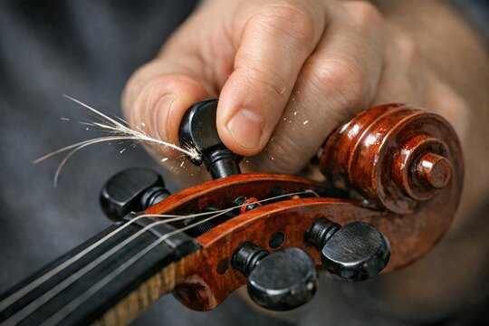 A musician holds a violin with a snapped string, ready for repair or replacement