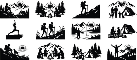 Obraz premium Collection of outdoor adventure silhouettes, camping and hiking vector icons. Set of black isolated elements featuring people camping by campfire, hiking in mountains, fishing, yoga on cliff, family t