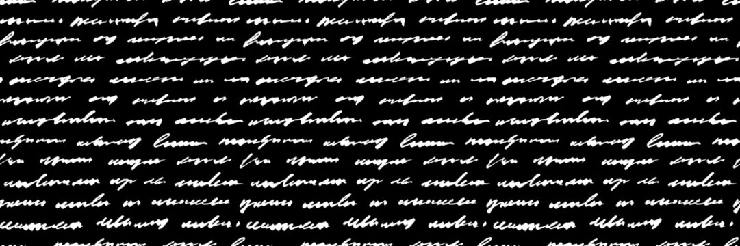 Antique white manuscript seamless pattern on black background. Handwriting text or illegible poem background for wrapping paper. Unreadable English text script vector seamless pattern.