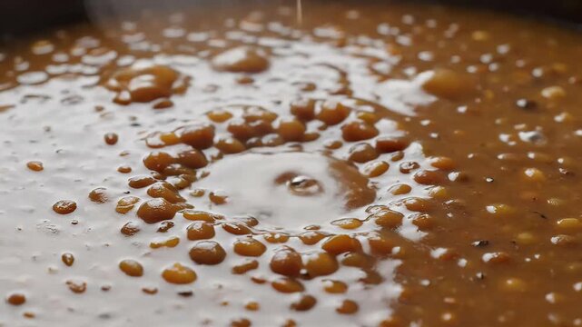 Lentil soup boiling in a pot during cooking process. bubbling brown dal or legume stew simmering for healthy meal preparation.