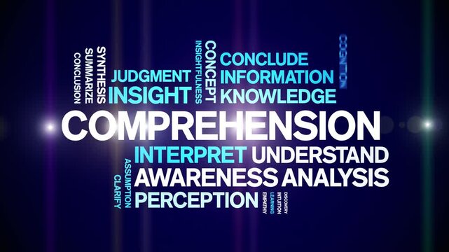 Comprehension animated word cloud-text design animation tag kinetic typography seamless loop.