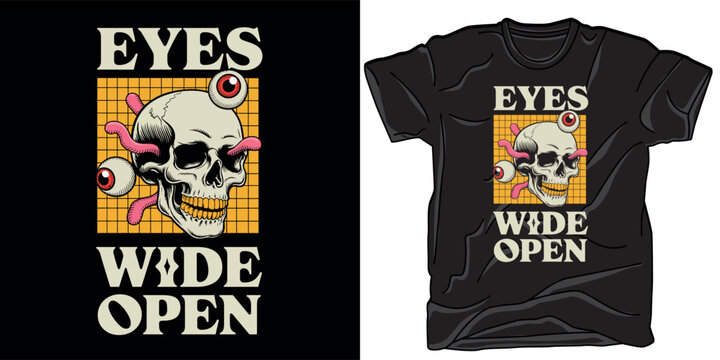 Eyes wide open t-shirt design featuring human skull with worms and floating eyeballs on grid background.