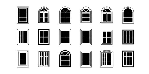 Naklejka premium Windows Line Icons with Black Grid Panes, Arched and Rectangular Shapes on Clean White Background Featuring Window, Icon, Outline with Symbol And