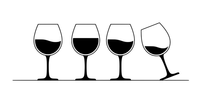 Wine Glasses with Varying Amounts of Wine in a Row Featuring Glass, Drink, Beverage with Alcohol and Empty Elements for Half Full, Full Projects,
