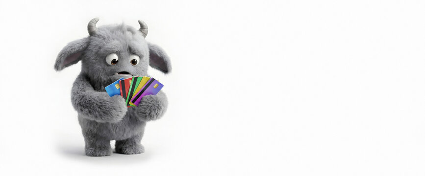 Cute grey monster holding multiple credit cards looks sad and confused on white background. Banner template of financial debt, payment problems, or credit card addiction for banking with copy space.