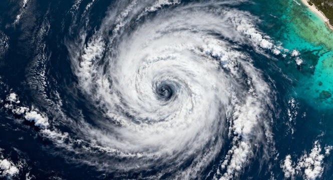 Majestic satellite perspective of a colossal hurricane, its mesmerizing spiraling cloud bands dominating the vast ocean, a powerful display of Earth's intense meteorological dynamics