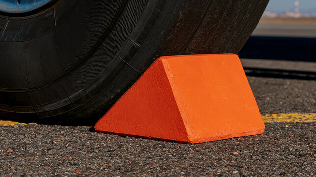 chock. An orange wheel block against a large aircraft tire on tarmac. mobility guides, transit brochures, designed for transport & logistics marketing, improves user orientation.