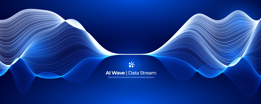 AI wave data stream Digital transformation abstract wavy curve lines, futuristic data flow background for website header, business presentation, fintech branding. AI tech waves. Vector illustration.