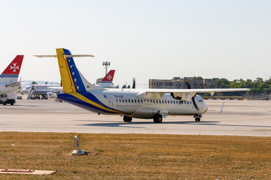 Luqa, Malta - July 16, 2007: BH Airlines ATR ATR-72-212 (REG: T9-AA) entering apron 9 after landing runway 14.