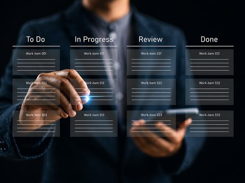 Project management kanban board with tasks categorized into to do in progress review and done columns for workflow organization.