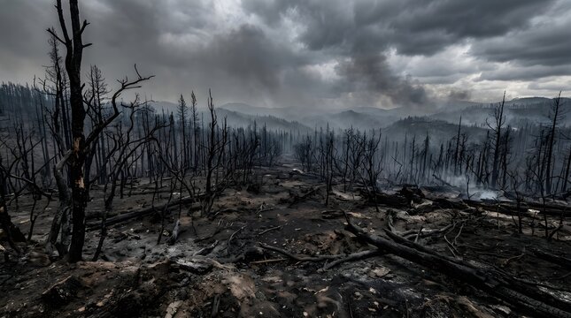 Devastating aftermath of a forest fire in a mountainous landscape