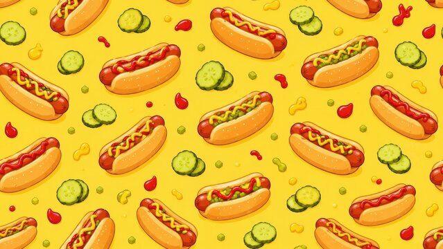 A Vibrant and Playful Pattern Featuring Delicious Hot Dogs Adorned with Mustard, Ketchup, and Fresh Vegetables Set Against a Bright Yellow Background