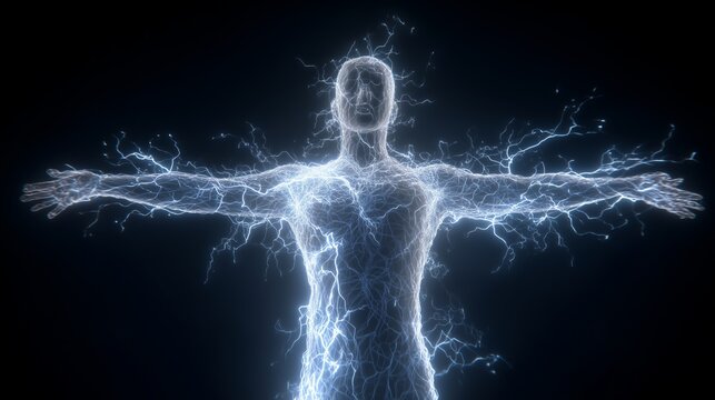 A visualization of human nervous system as glowing lightning network across dark background, full body silhouette, electric blue and white tones, medical concept