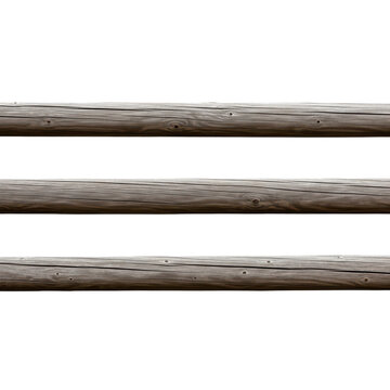 Horizontal wooden log fence poles isolated on transparent background for rustic farm design construction elements set.