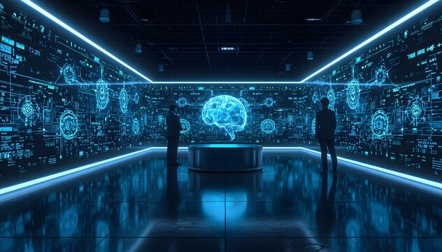 Smart Data Analytics Room with Immersive Neural Network Projections, Artificial Intelligence Insights and Corporate Innovation Concept