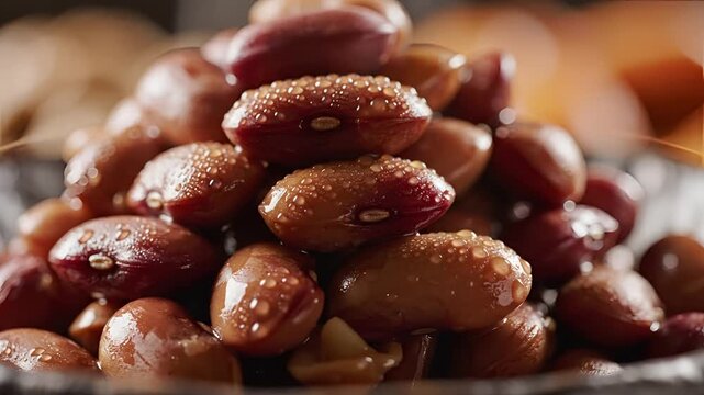 Closeup of a pile of cooked kidney beans with water droplets.