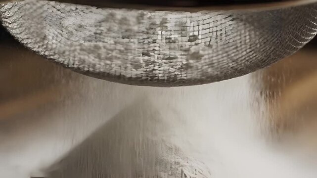 Closeup of flour being sifted through a sieve for baking.