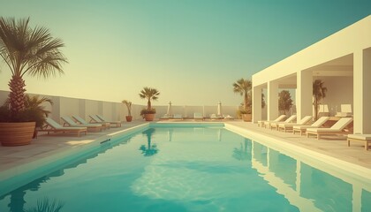 Fototapeta premium Relaxing outdoor pool area with comfortable lounge chairs surrounded by tropical palm trees under clear sunny sky creating peaceful vacation atmosphere perfect for summer holiday and leisure