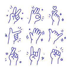 Fototapeta premium set of hands showing various gestures, line art doodle style, different hand poses collection.