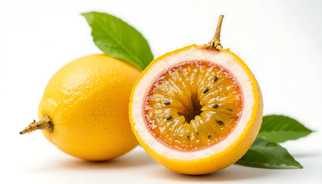 Oranges, one halved, with green leaves on white background, halved orange