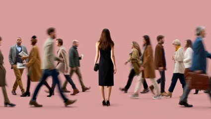 Fototapeta premium A woman stands out from a crowd by her stillness and different direction, conveying a sense of individuality and self-expression in an urban setting.