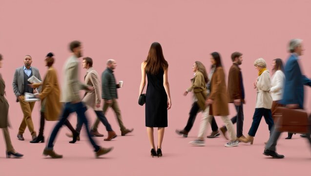 A woman stands out from a crowd by her stillness and different direction, conveying a sense of individuality and self-expression in an urban setting.
