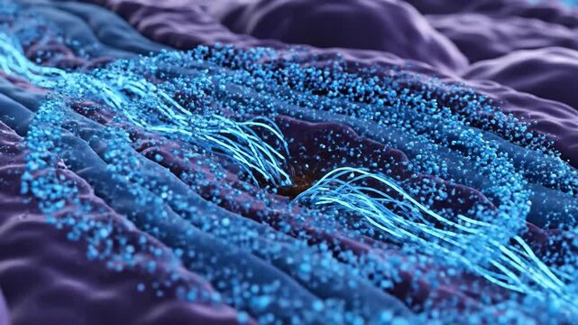 Dynamic Molecular Interaction Visualization Amidst Cellular Membrane Featuring Vibrant Blue Particles in an Abstract Biological Setting
