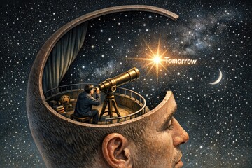 Naklejka premium A person wearing a headset with a built-in telescope, great for futuristic or sci-fi themed concepts
