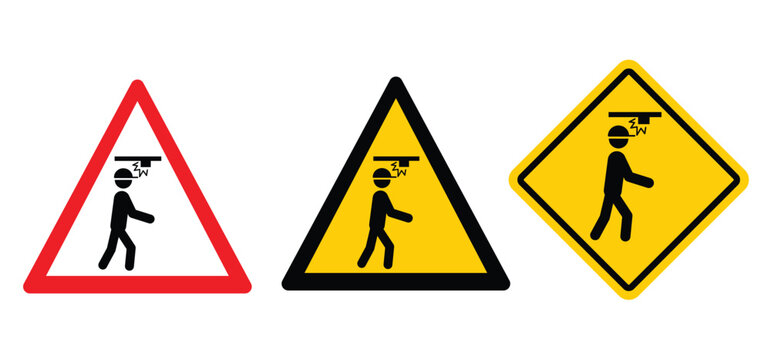 Put on your head, don't bump. Stop, doe not enter. Caution, warning sign. Mind or watch your head. Sccidents at home or at work.