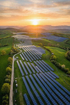 Aerial view of solar panel power station on green meadow at sunset. Sustainable renewable energy concept. Solar farm in rolling hills landscape for eco friendly electric generation.