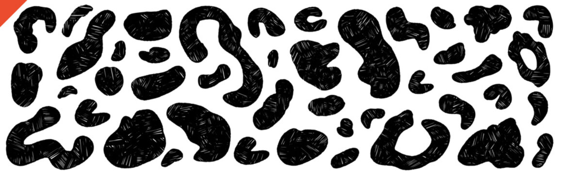 Chalk blob organic shapes with grunge animal fur texture for pattern print. Marker blobs and irregular forms as vector silhouette set. Hand drawn spots with crayon marks for decor and kid design.