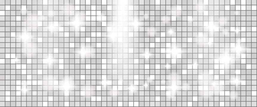 Silver sequin disco ball mosaic for party invitation and club poster. Shiny sequin texture with mirror tile sparkle and silver glitter. Vector disco backdrop with white grid pattern for Christmas bg.