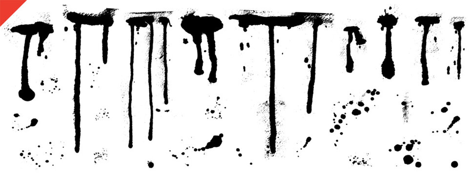 Paint drip and black ink splash set with grunge splotch silhouettes. Street art paint drips with brush texture and stain element. Horror punk vector collection for rock poster and merch isolated on bg