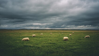 Fototapeta premium Flock of Sheep Grazing in a Vast Green Field Under a Dramatic Stormy Sky.