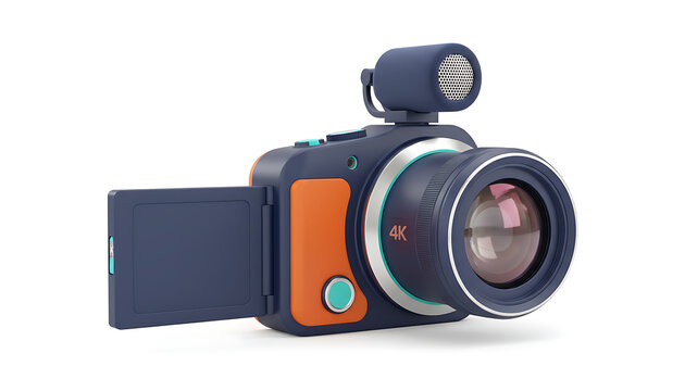 Modern compact camera with large lens and builtin microphone shown transparent background