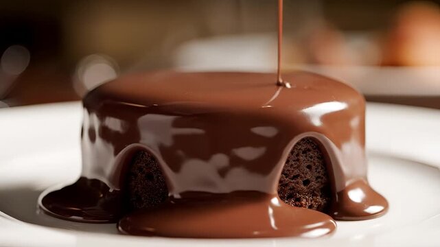 Delicious Chocolate Cake Being Drizzled with Rich Chocolate Sauce 1.
