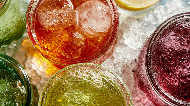 crushed. Colorful drinks in crushed ice, condensation on glass surfaces. bar promotions, beverage menus, designed for food & beverage menus and cafe branding, used by ux designers.