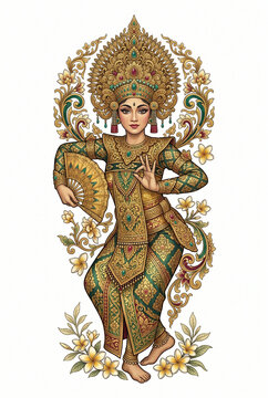 Balinese Legong Dancer Detailed Illustration, Traditional Ceremonial Costume with Gold Headdress and Frangipani, White Background
