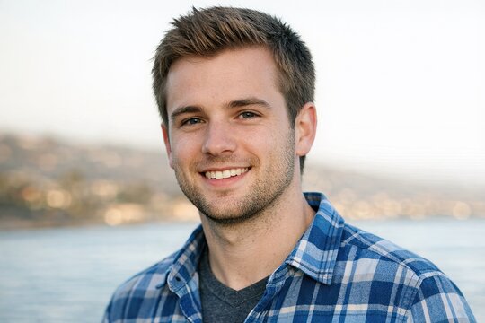 A smiling man wearing a plaid shirt, perfect for a casual portrait or editorial use