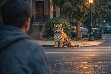 Fototapeta premium A tiger sits next to a person on a road, an unusual and potentially tense situation