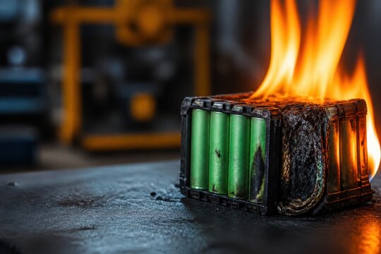 Burning lithium ion battery pack with flames and smoke showing fire hazard energy storage safety risk