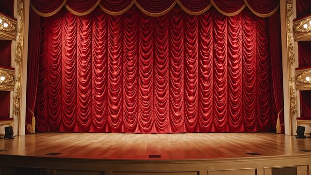 Elegant Theater Stage with Red Velvet Curtains and Wooden Floor.